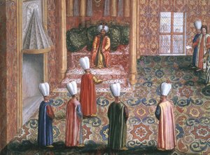 Jan Gninskis diplomatiska uppdrag i Istanbul, det polska sändebudets audiens hos sultan Machmed, 1679 (gouache med bladguld på papper)